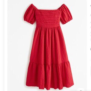NWT A&F Emerson Poplin Puff Sleeve Midi Dress Off the Shoulder Red Large Petite